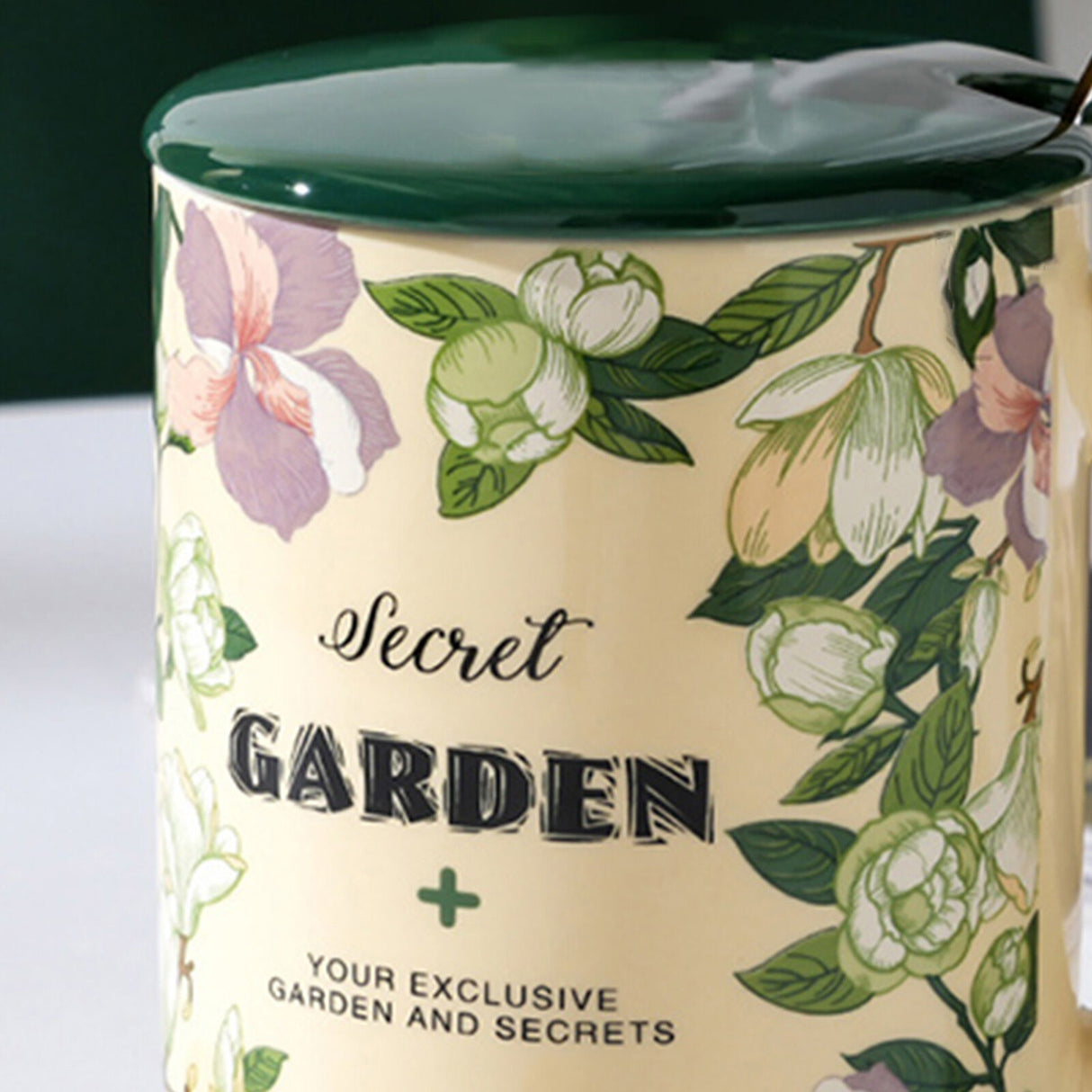 2X High-Fired Ceramic Porcelain Mug Set with Lid 400ml Vintage Floral Tea Spoon GREEN