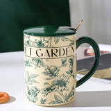 2X High-Fired Ceramic Porcelain Mug Set with Lid 400ml Vintage Floral Tea Spoon GREEN - Front View