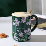 2X High-Fired Ceramic Porcelain Mug Set with Lid 400ml Vintage Floral Tea Spoon GREEN - Side View