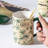2X High-Fired Ceramic Porcelain Mug Set with Lid 400ml Vintage Floral Tea Spoon GREEN - Top-Down View