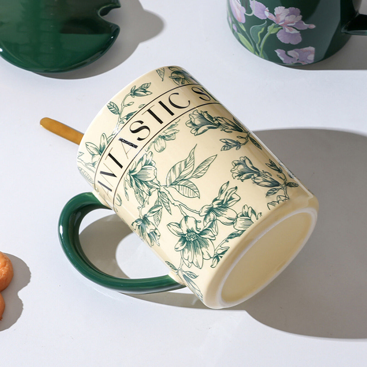 2X High-Fired Ceramic Porcelain Mug Set with Lid 400ml Vintage Floral Tea Spoon GREEN