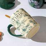 2X High-Fired Ceramic Porcelain Mug Set with Lid 400ml Vintage Floral Tea Spoon GREEN - 45-Degree Angle