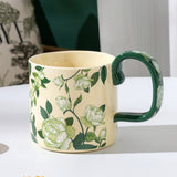 2X High-Fired Ceramic Porcelain Mug Set with Lid 400ml Vintage Floral Tea Spoon GREEN - Side View