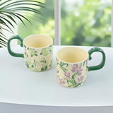 2X High-Fired Ceramic Porcelain Mug Set with Lid 400ml Vintage Floral Tea Spoon GREEN - Close-Up Angle