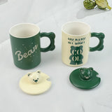 2X High-Fired Ceramic Porcelain Mug Set with Lid 400ml Bear w Tea Spoon GREEN - Front View