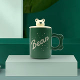 2X High-Fired Ceramic Porcelain Mug Set with Lid 400ml Bear w Tea Spoon GREEN - Side View
