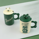 2X High-Fired Ceramic Porcelain Mug Set with Lid 400ml Bear w Tea Spoon GREEN - Rear View