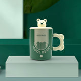 2X High-Fired Ceramic Porcelain Mug Set with Lid 400ml Bear w Tea Spoon GREEN - Front View