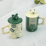 2X High-Fired Ceramic Porcelain Mug Set with Lid 400ml Bear w Tea Spoon GREEN - Top-Down View