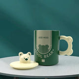 2X High-Fired Ceramic Porcelain Mug Set with Lid 400ml Bear w Tea Spoon GREEN - 45-Degree Angle
