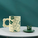2X High-Fired Ceramic Porcelain Mug Set with Lid 400ml Bear w Tea Spoon GREEN - Rear View