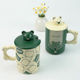 2X High-Fired Ceramic Porcelain Mug Set with Lid 400ml Bear w Tea Spoon GREEN - Close-Up Angle