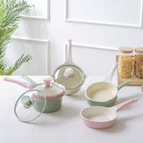 Sauce Pot Frying Pan w/ a Lid Set Non-Stick Stone Induction IH Frypan 16cm PINK - Side View