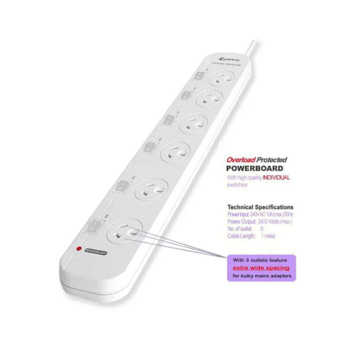 Sansai Powerboard - 6 Ways with Individual Switch