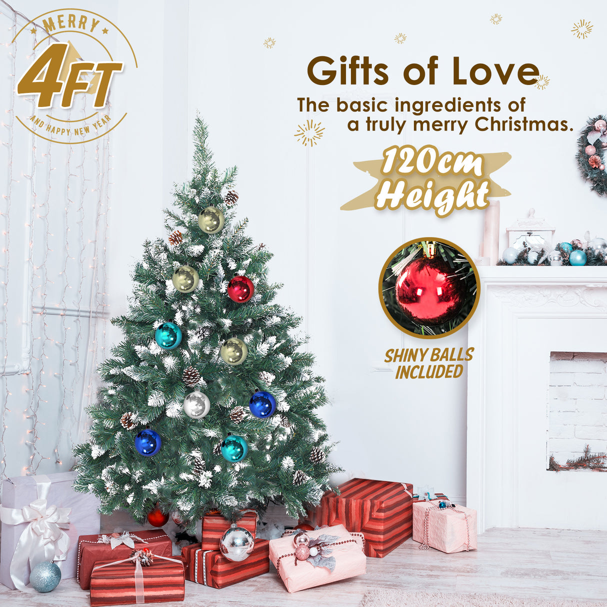 Snowy Christmas Tree Xmas Pine Cones 4Ft 120cm 390 tips  Bauble Balls