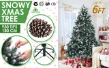Snowy Christmas Tree Xmas Pine Cones 6Ft 180cm 930 tips GREEN - Front View