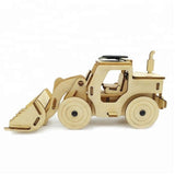 Model Bulldozer Tipper truck: Solar or battery powered plywood model-includes Motor or Solar powered options plus paint brush set - Close-Up Angle