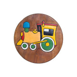 Hand Carved Children's Chair Stool Wooden Train Locomotive Theme - Front View
