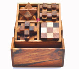 4 individual brainteaser wooden puzzles in a gift wooden box - Front View