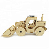 Model Bulldozer Tipper truck: Solar or battery powered plywood model-includes Motor or Solar powered options plus paint brush set - Close-Up Angle