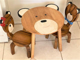 Children's furniture Set Bear Table and 2 Chairs -natural wood handmade and solid build - Front View