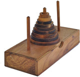 Pagoda 9 ring brain teaser puzzle, wood, handmade 3D puzzle-arrange rings on end column to solve - Front View