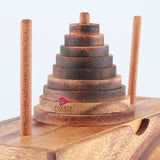 Pagoda 9 ring brain teaser puzzle, wood, handmade 3D puzzle-arrange rings on end column to solve - Top-Down View
