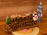Wooden carved Merry Christmas decoration 38 cm long with Tree and Star - Front View