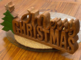 Wooden carved Merry Christmas decoration 38 cm long with Tree and Star - Side View