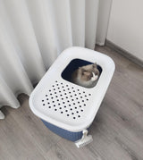 YES4PETS XXL Top Entry Cat Litter Box No Mess Large Enclosed Covered Kitty Tray Dark Blue - Front View