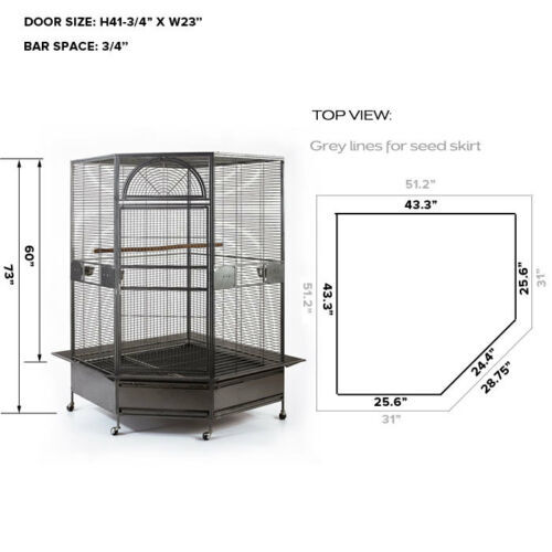 YES4PETS 185cm XXL black and silver corner bird cage aviary with castor wheels, lockable castor wheels