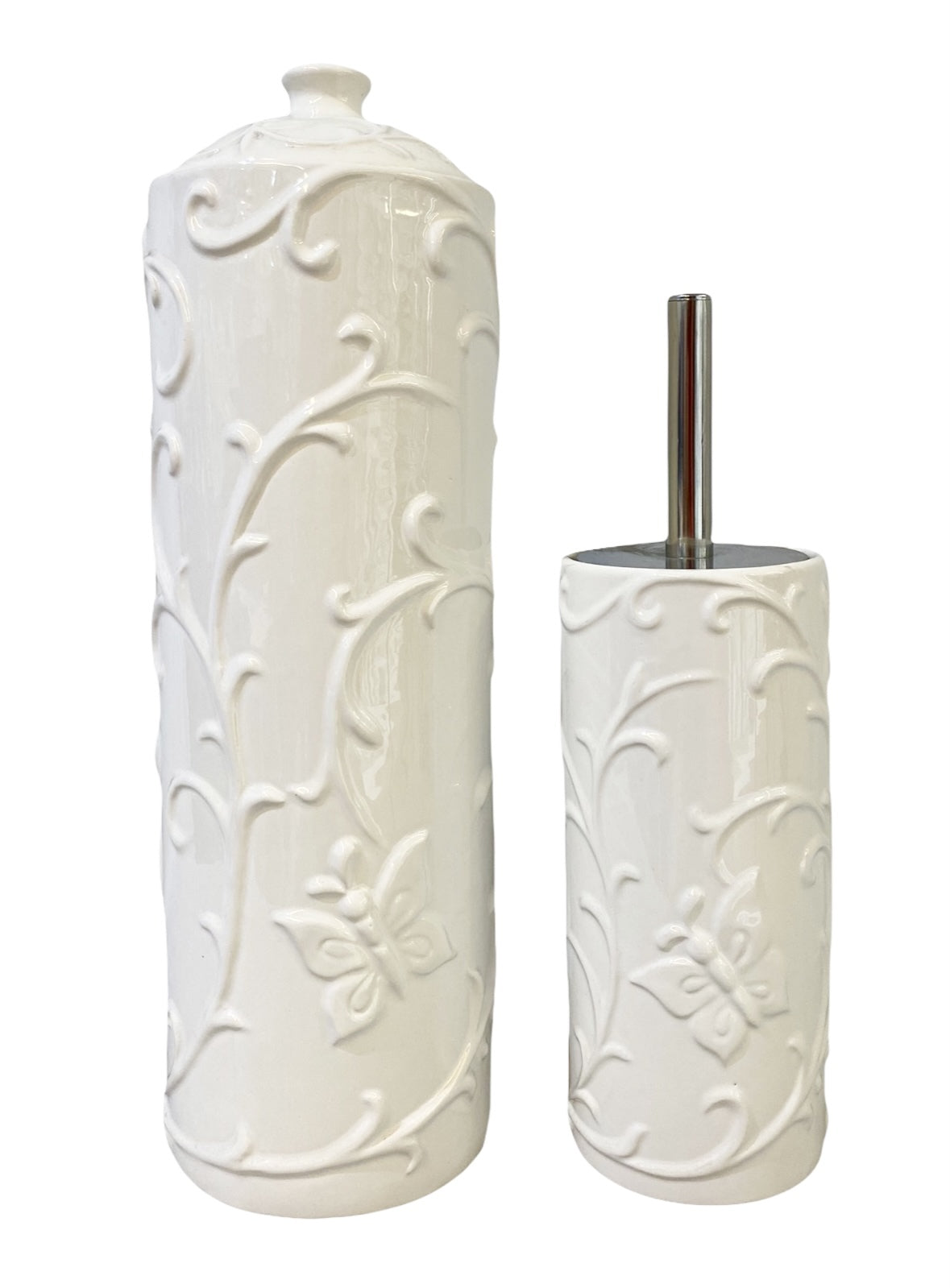 YES4HOMES Gloss White Ceramic Bathroom Accessories Set Toilet Brush Paper Roll Holder