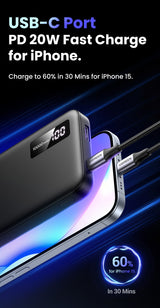 UGREEN 10000mAh Dual-Port Fast Charging Power Bank - Black - Rear View