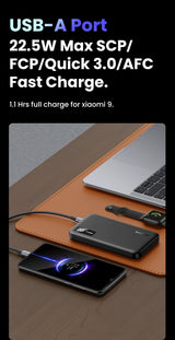 UGREEN 10000mAh Dual-Port Fast Charging Power Bank - Black - Low Angle