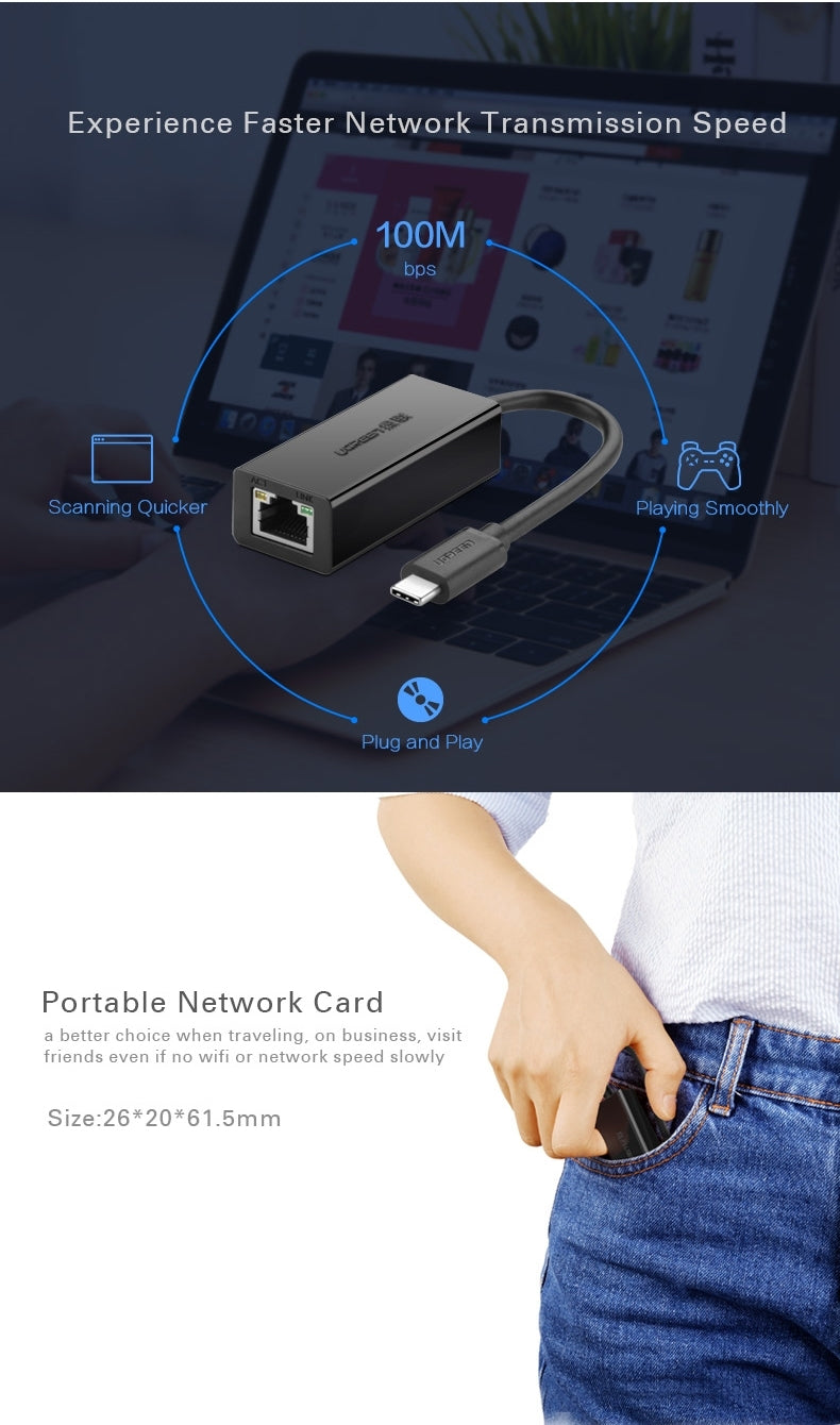 UGREEN USB-C Ethernet Adapter 10/100Mbps for Fast Internet Connection