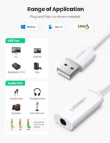 UGREEN USB A Male to 3.5 mm Aux Cable (White) - Front View