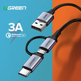 UGREEN 30875 2-in-1 USB-A to Micro USB & USB-C Charging Cable - 1m Length - Front View
