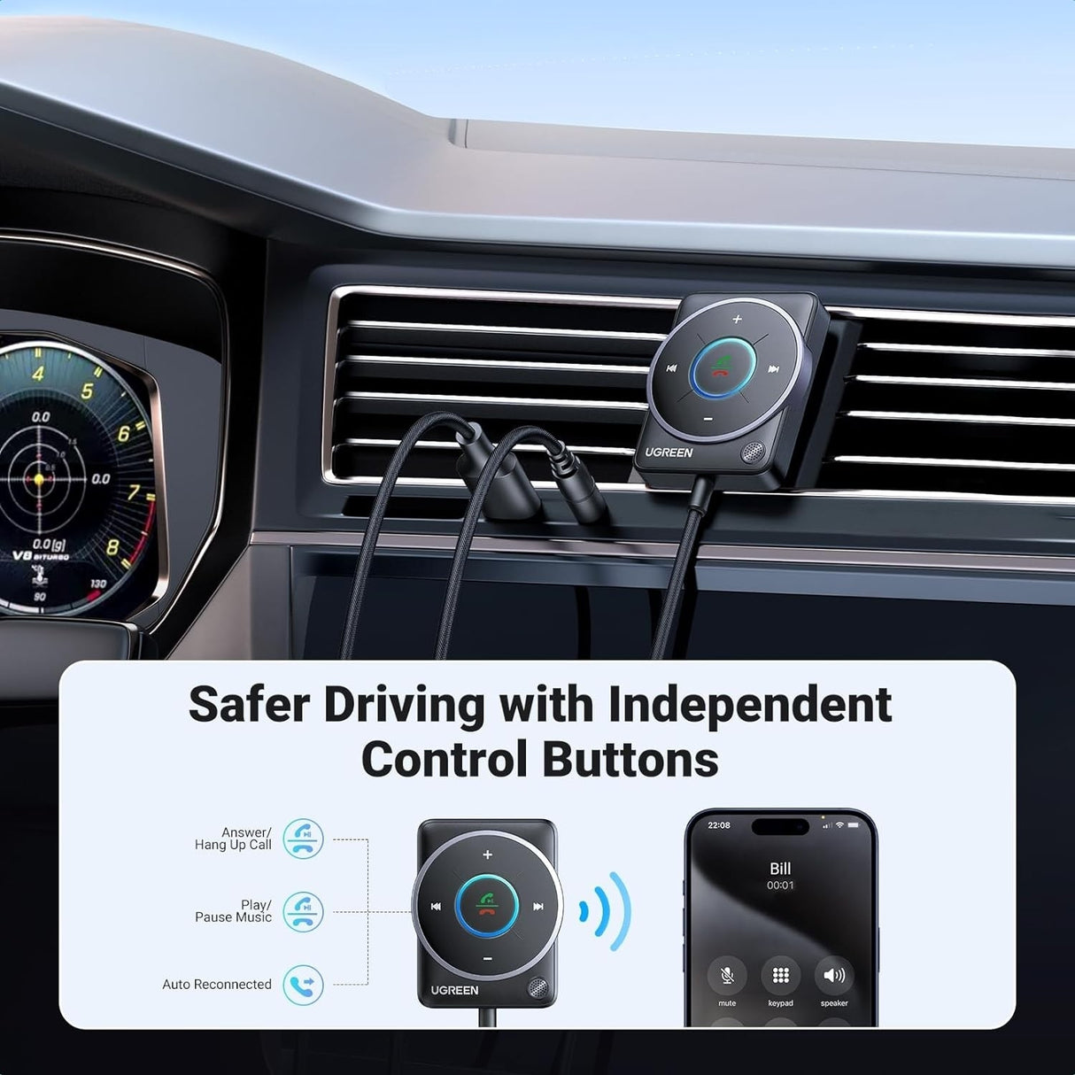 UGREEN Bluetooth 5.4 Car Adapter with Noise Cancellation & Enhanced Audio Quality