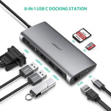 UGREEN Type C 8 in 1 Multifultion adaptor VGA/RJ45/USB3.0 x 3/SD/TF/TypeC PD Protocal (50539) - Side View