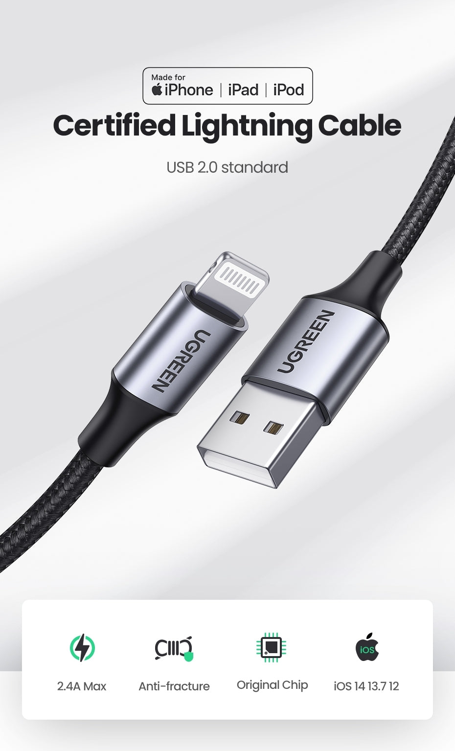 UGREEN 2M USB-A to Lightning iPhone Charging Cable - Black, MFI Certified
