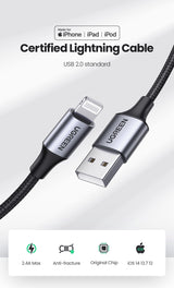 UGREEN 2M MFI Certified USB-A to 8-Pin iPhone Charging Cable - Silver - Close-Up Angle
