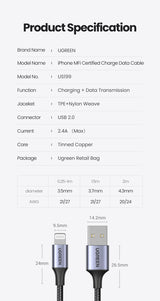 UGREEN 2M MFI Certified USB-A to 8-Pin iPhone Charging Cable - Silver