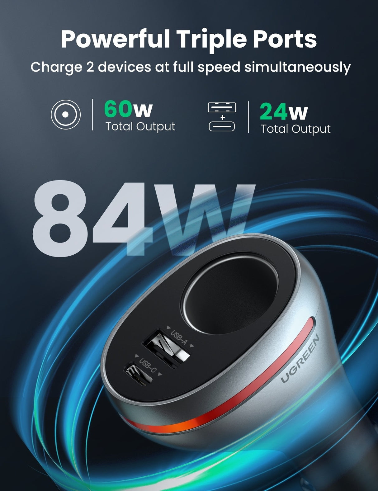 UGREEN 84W Dual Port Fast Charge Car Adapter (Space Grey)