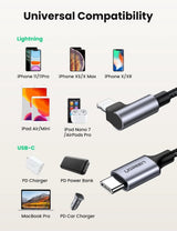 UGREEN 60763 90 Degree USB-C to iPhone 8-pin Cable 1M - Top-Down View