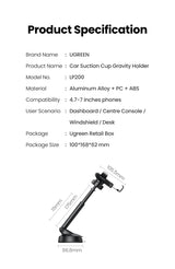 UGREEN 60990 Adjustable Suction Cup Car Phone Holder (Black) - Low Angle