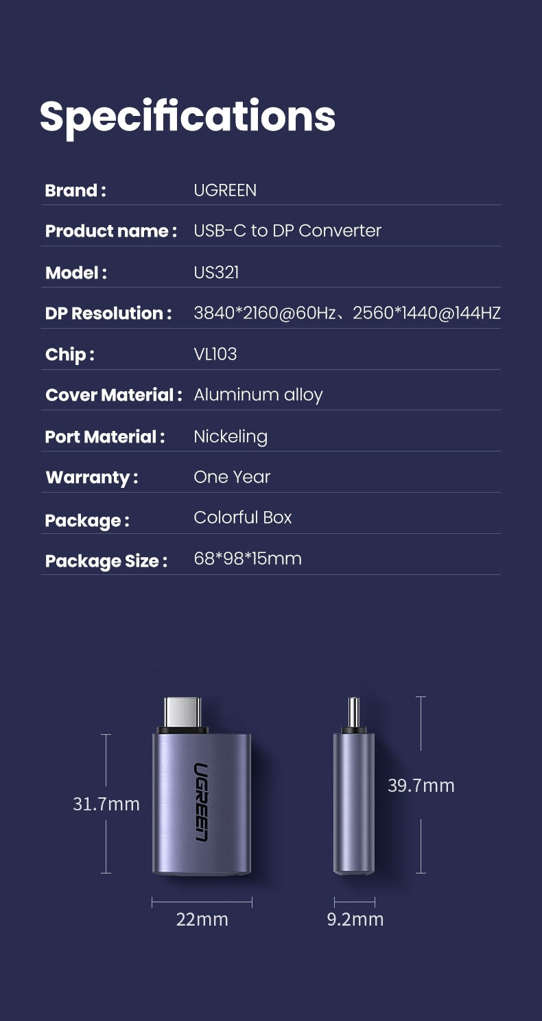 UGREEN 70451 Aluminum USB-C to DisplayPort Adapter 4K/2K 60Hz (Dark Gray)