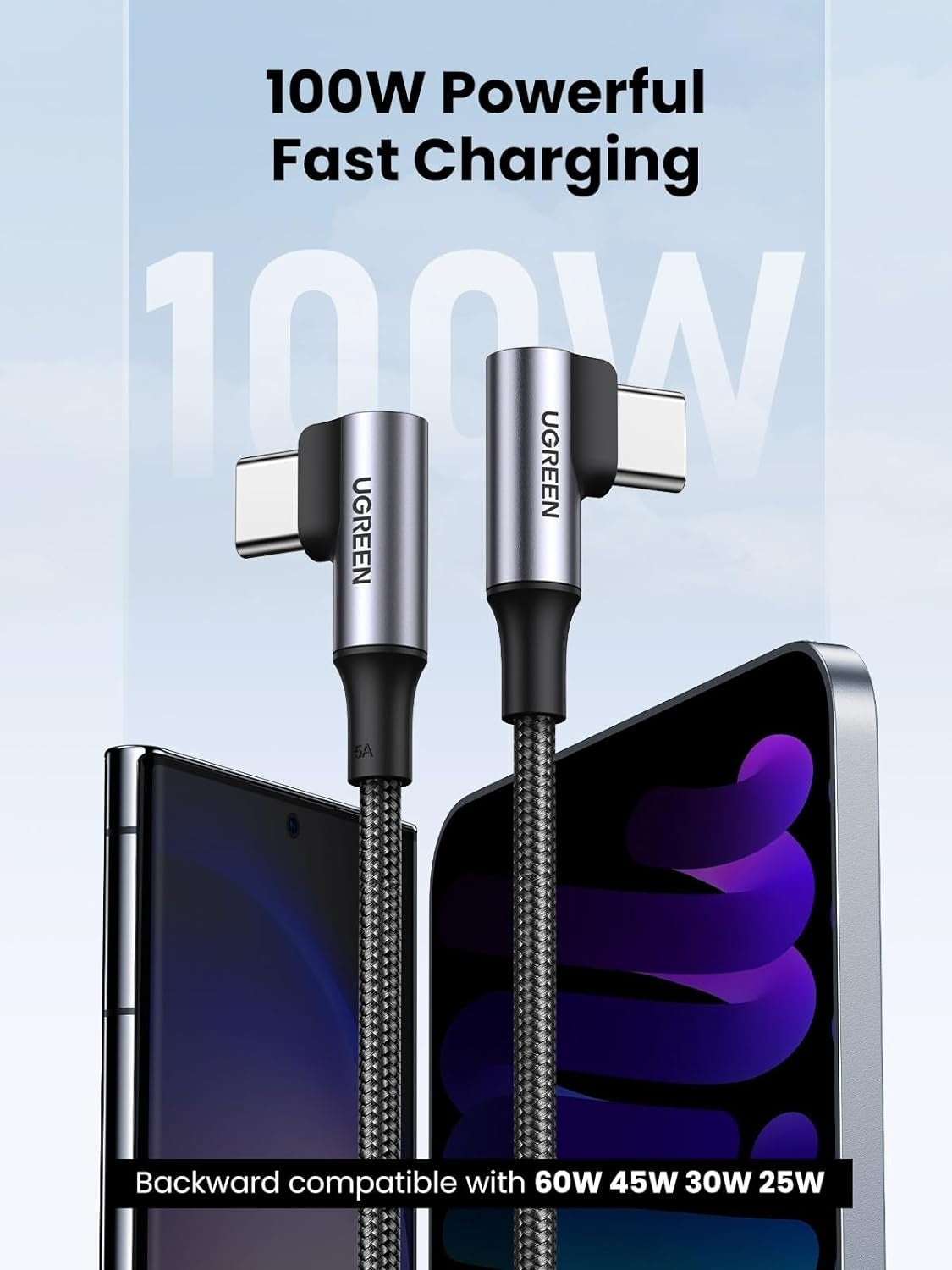 UGREEN 90-Degree 100W Fast Charging USB-C Cable - 2M Length