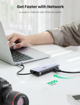 UGREEN USB-C To 3*USB 3.0 A+HDMI+VGA+RJ45 Gigabit+SD/TF+AUX3.5mm+PD Converter Gray with PD 80133 - Side View