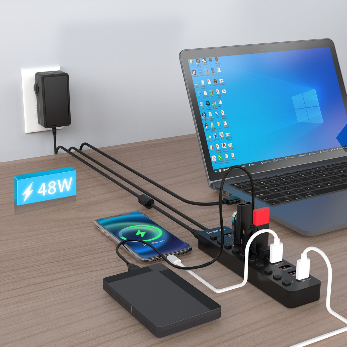 48W 10-Port USB 3.0 Hub & Charger with Individual Power Switches and Fast Charging Support