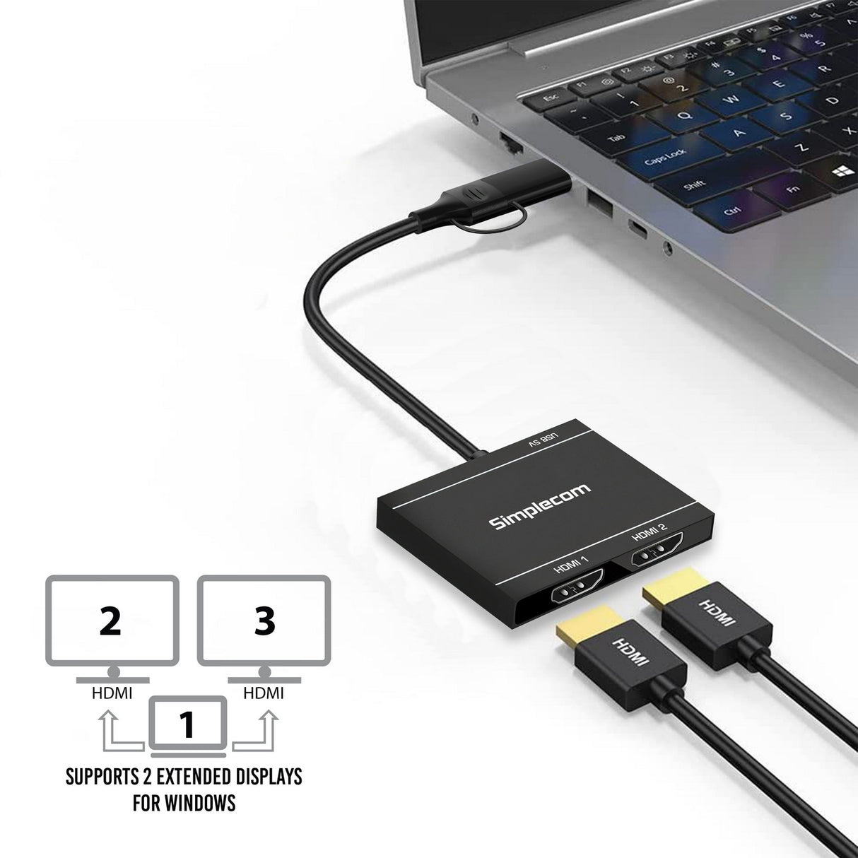 Simplecom DA327 USB 3.0 & USB-C Dual HDMI Adapter for Dual 1080p Monitors